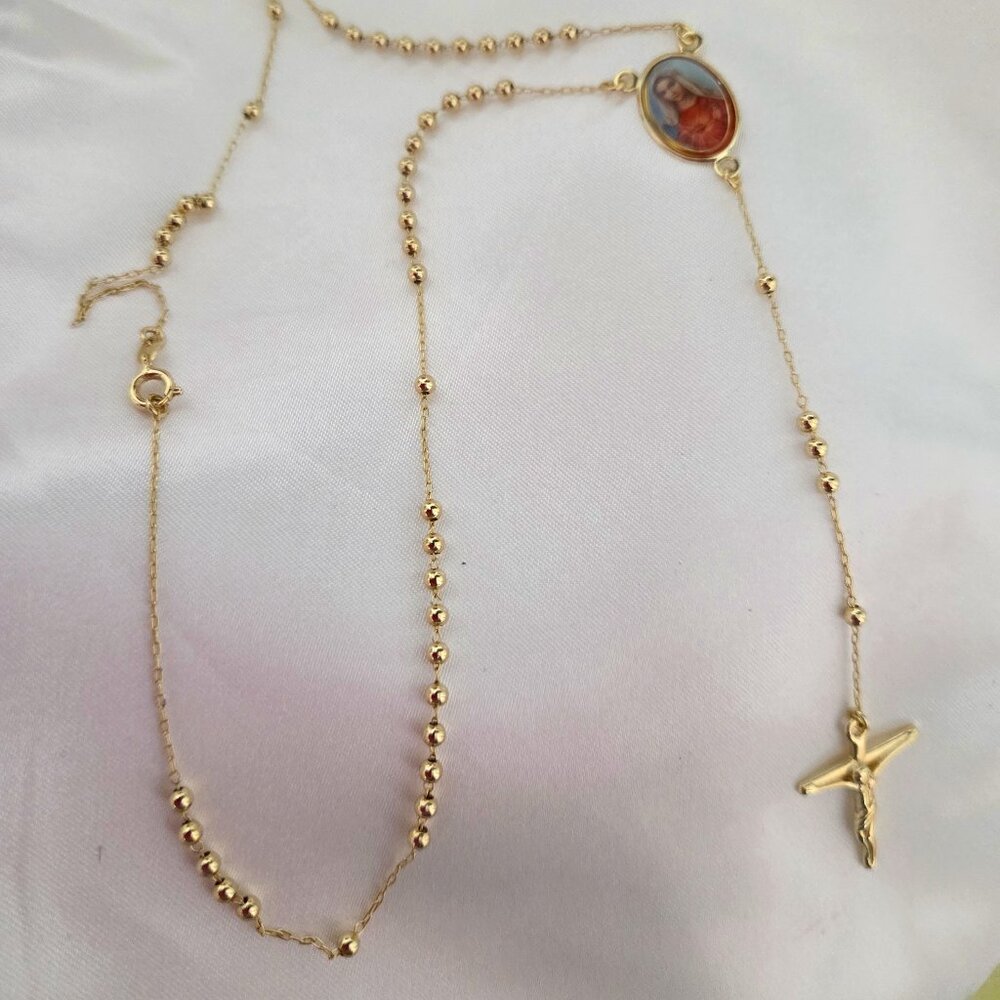 18K Gold Plated Jesus and Maria Cross Rosary Ball Beades Chain Necklaces